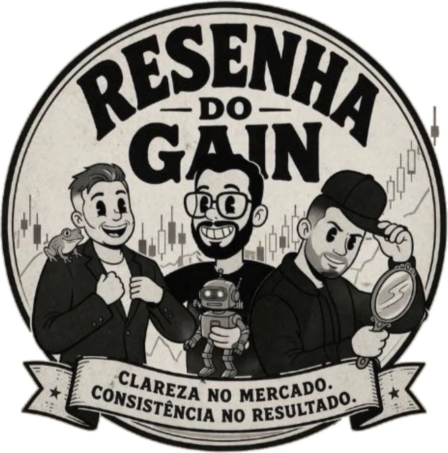 Selo da Resenha do Gain: Márcio, Marcelo e Murilo em caricatura vintage, com a frase Clareza no mercado, consistência no resultado