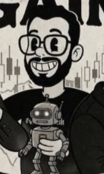 Marcelo Carvalho em caricatura, segurando um robô